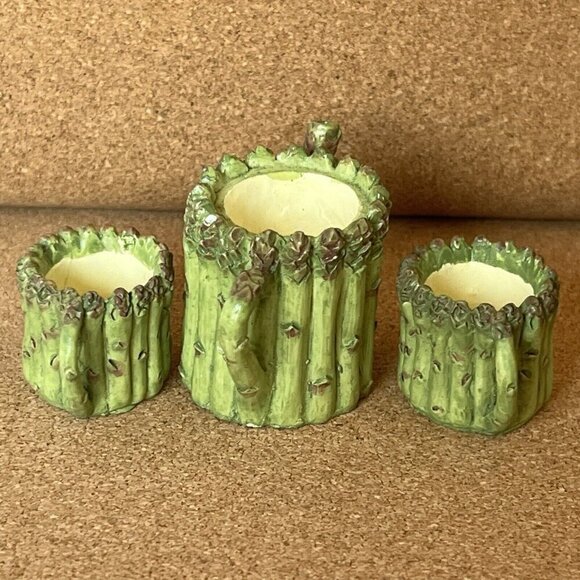 Vtg 90s Miniature Resin Asparagus Tea Set Mini Doll House Plate Garden Cottage - Picture 5 of 16